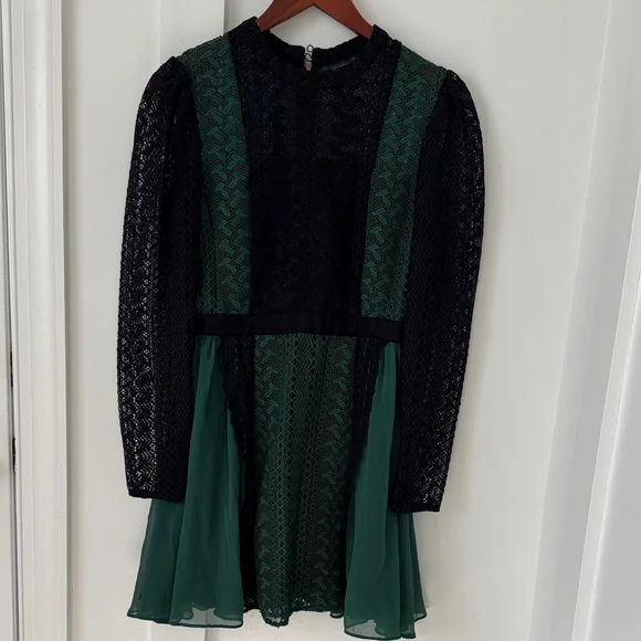 SELF-PORTRAIT Green Black Long Sleeve Lace Mini Dress Size 8